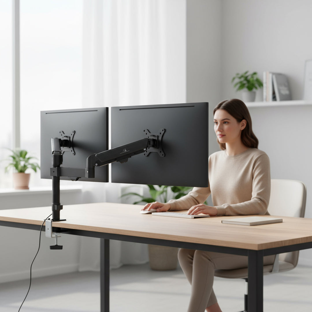 Držák pro 2 monitory Maclean, plynová pružina, 17"-32", 2-10 kg, černý, MC-136
