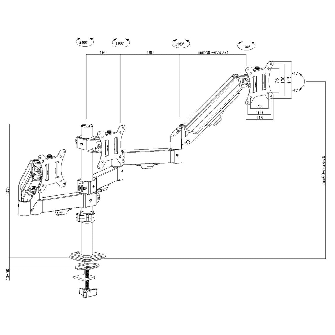 Držák pro 3 monitory Maclean, plynová pružina, 17"-27", 2-8 kg, černý, MC-137
