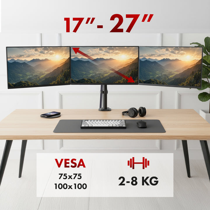 Držák pro 3 monitory Maclean, plynová pružina, 17"-27", 2-8 kg, černý, MC-137