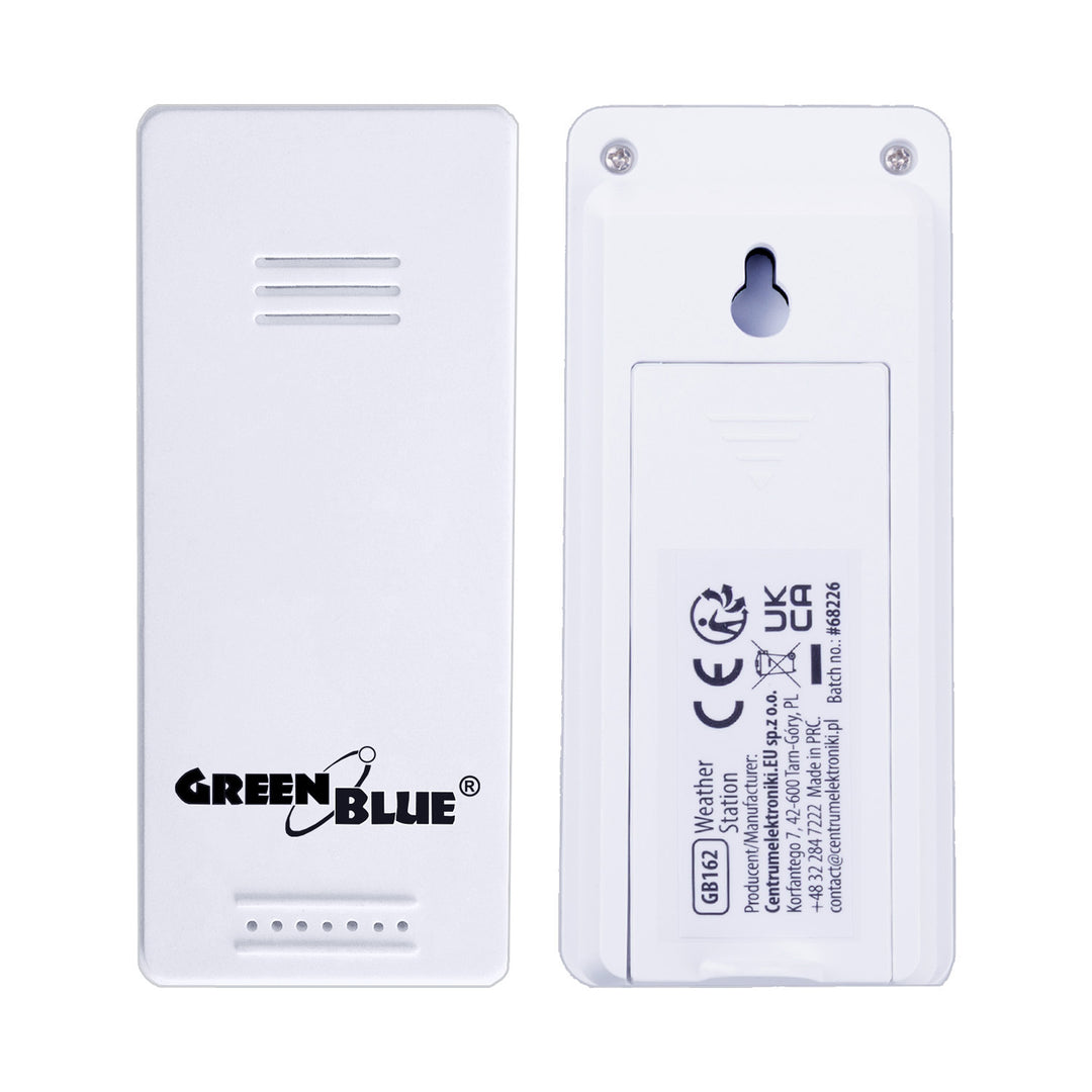 Bezdrátová meteorologická stanice GreenBlue, teplota + vlhkost IN/OUT, hodiny + budík + datum, volba °C / °F, dosah až 60 m, GB169