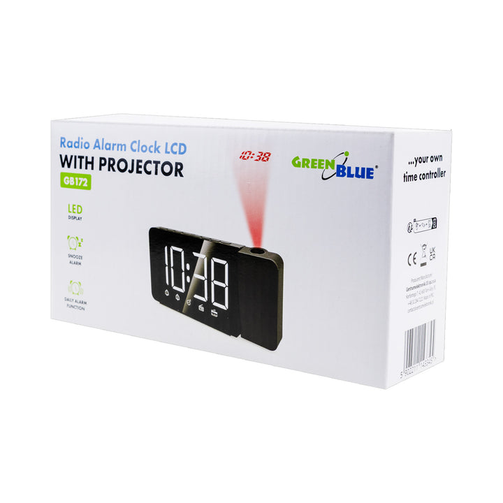 Digitální rádiobudík s LED projektorem GreenBlue, FM rádio, budík, 12/24 hodinový formát, napájení USB 5V DC + CR2032, GB172