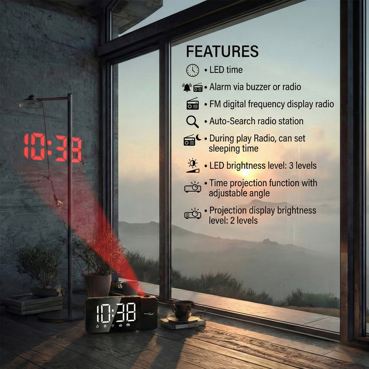 Digitální rádiobudík s LED projektorem GreenBlue, FM rádio, budík, 12/24 hodinový formát, napájení USB 5V DC + CR2032, GB172