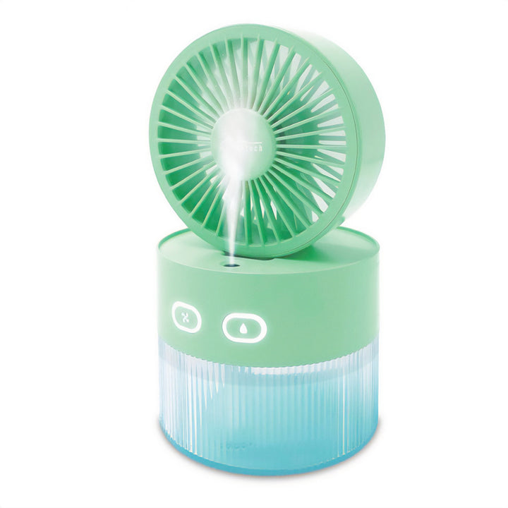 Stolní ventilátor se zvlhčováním vzduchu. Objem 350 ml. Mlha 40 ml/h. Napájení přes USB-C.