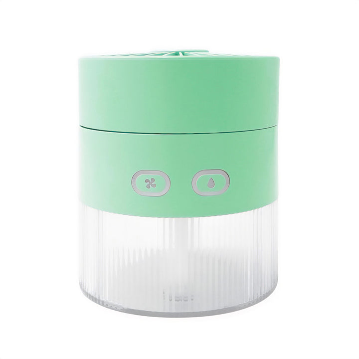 Stolní ventilátor se zvlhčováním vzduchu. Objem 350 ml. Mlha 40 ml/h. Napájení přes USB-C.