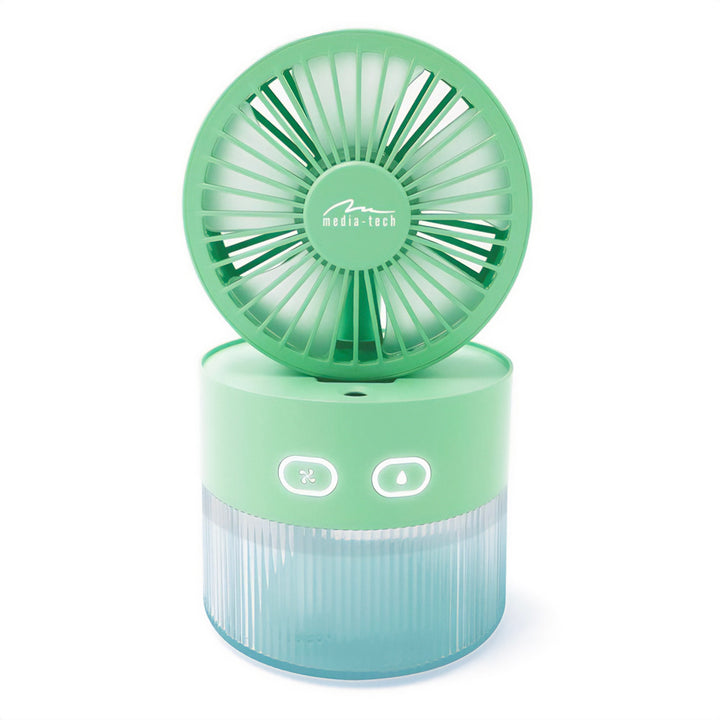 Stolní ventilátor se zvlhčováním vzduchu. Objem 350 ml. Mlha 40 ml/h. Napájení přes USB-C.
