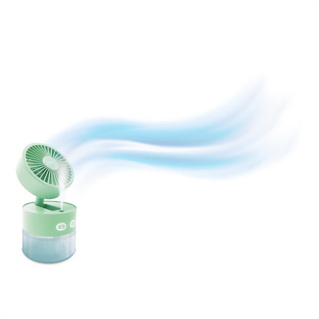 Stolní ventilátor se zvlhčováním vzduchu. Objem 350 ml. Mlha 40 ml/h. Napájení přes USB-C.