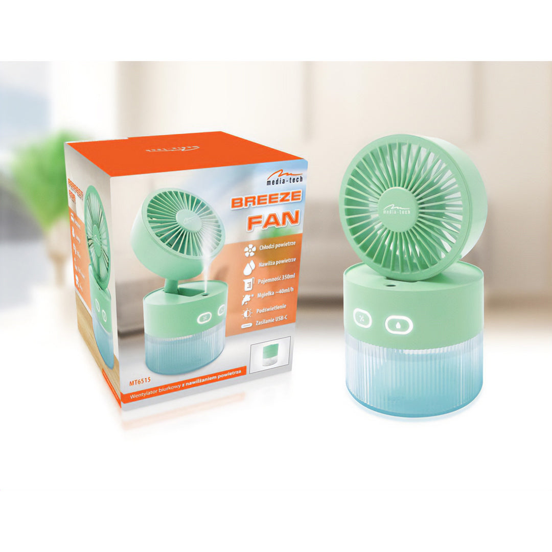 Stolní ventilátor se zvlhčováním vzduchu. Objem 350 ml. Mlha 40 ml/h. Napájení přes USB-C.