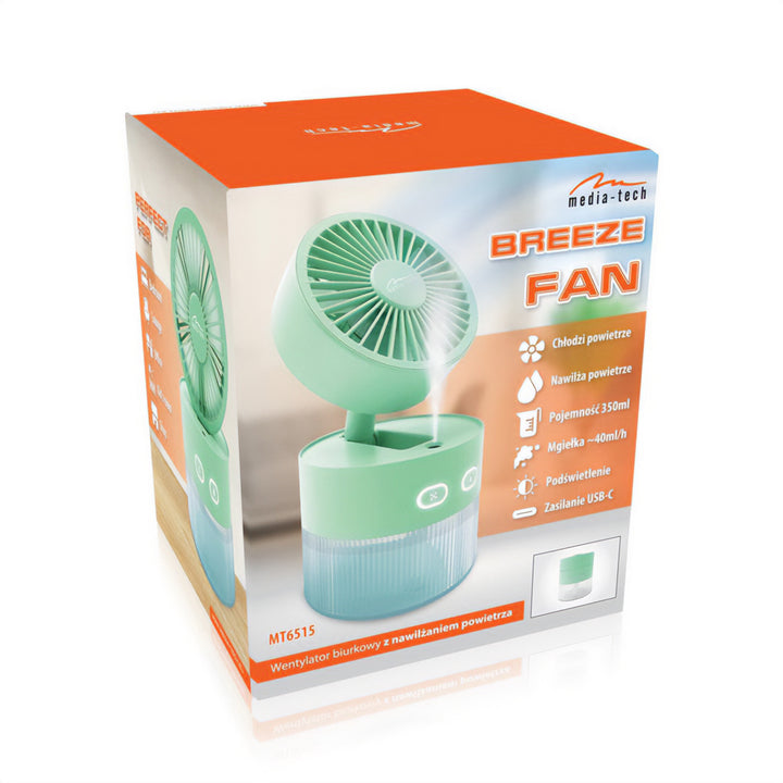 Stolní ventilátor se zvlhčováním vzduchu. Objem 350 ml. Mlha 40 ml/h. Napájení přes USB-C.