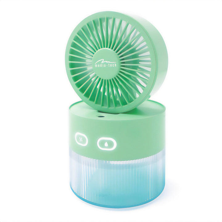 Stolní ventilátor se zvlhčováním vzduchu. Objem 350 ml. Mlha 40 ml/h. Napájení přes USB-C.