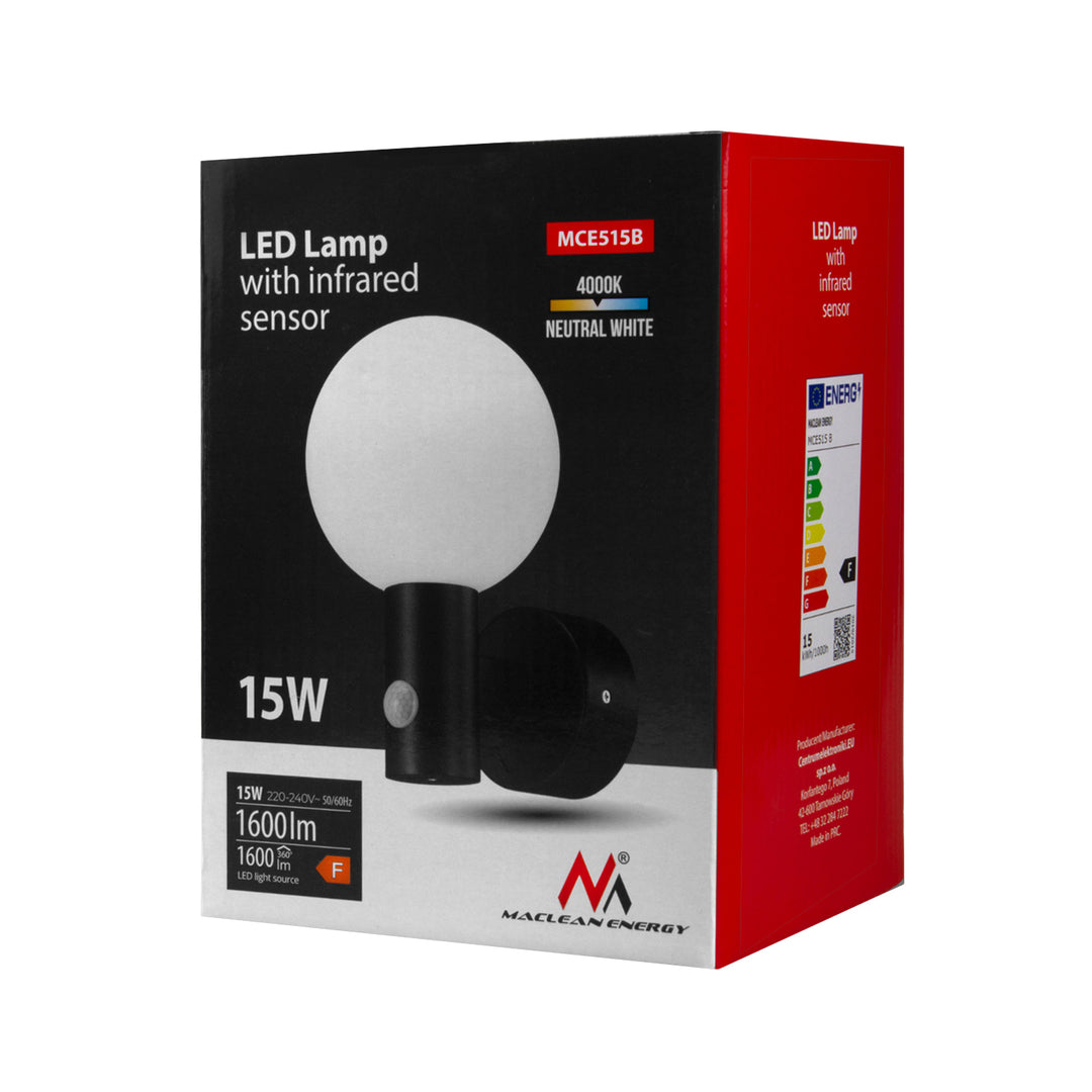 Senzor pohybu Maclean LED lampa, PIR senzor pohybu, černá, 15W, IP65, 1600lm, neutrální bílá (4000K) MCE515 B, 2 kusy