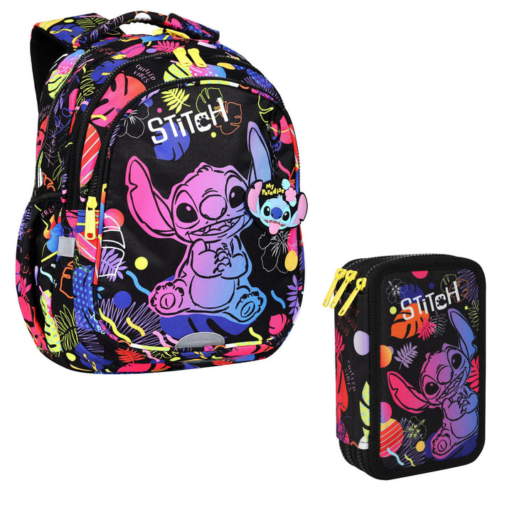 Školní batoh 19 L Coolpack Jerry DISNEY STITCH černý + CoolPack tříkomorový penál s příslušenstvím JUMPER 3 STITCH
