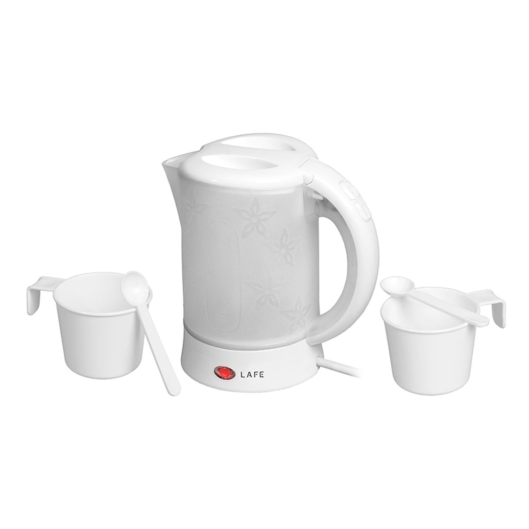 Rychlovarná konvice Lafe, turistická, 600 W, objem 0,6 l, 2 šálky, 2 lžíce, bílá, Scandi