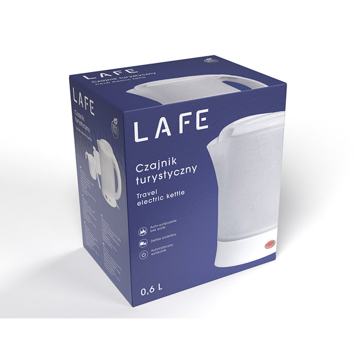 Rychlovarná konvice Lafe, turistická, 600 W, objem 0,6 l, 2 šálky, 2 lžíce, bílá, Scandi