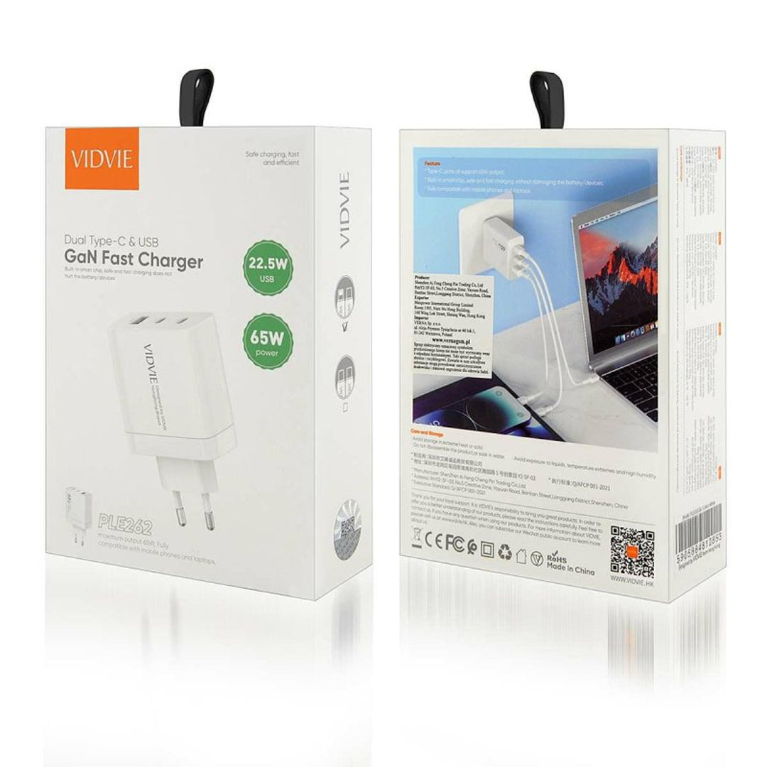 Síťová nabíječka VIDVIE, 3A, 65W, 2x USB-C, 1x USB, kabel USB-C/Iphone, PLE262
