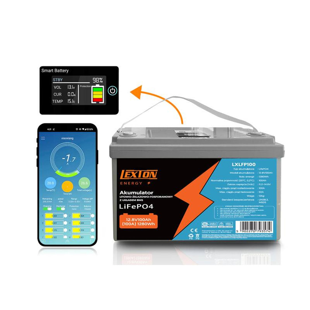 Baterie Lexton Lithium Iron Phosphate LiFePo4, s BMS, 12,8 V, 100 Ah, LXLFP100