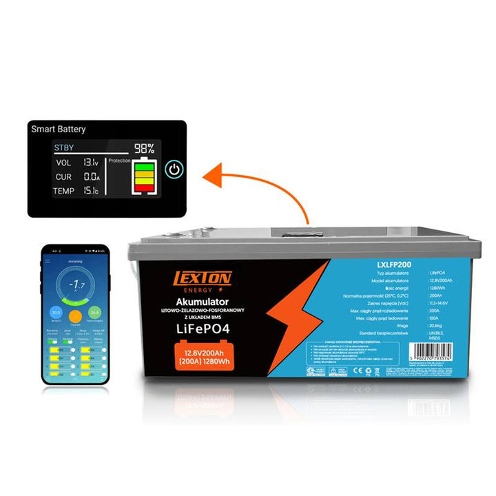 Lithium-železo-fosfátová baterie LiFePo4 Lexton, s BMS, 12,8 V, 200 Ah, LXLFP200