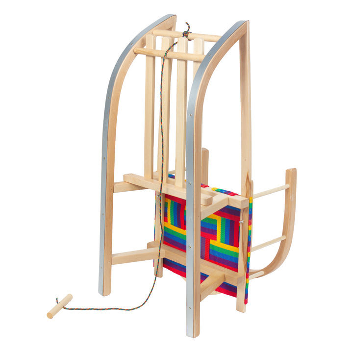 Zelenomodré dřevěné sáňky, opěradlo, látkový sedák, šňůra, do 100 kg, GB154