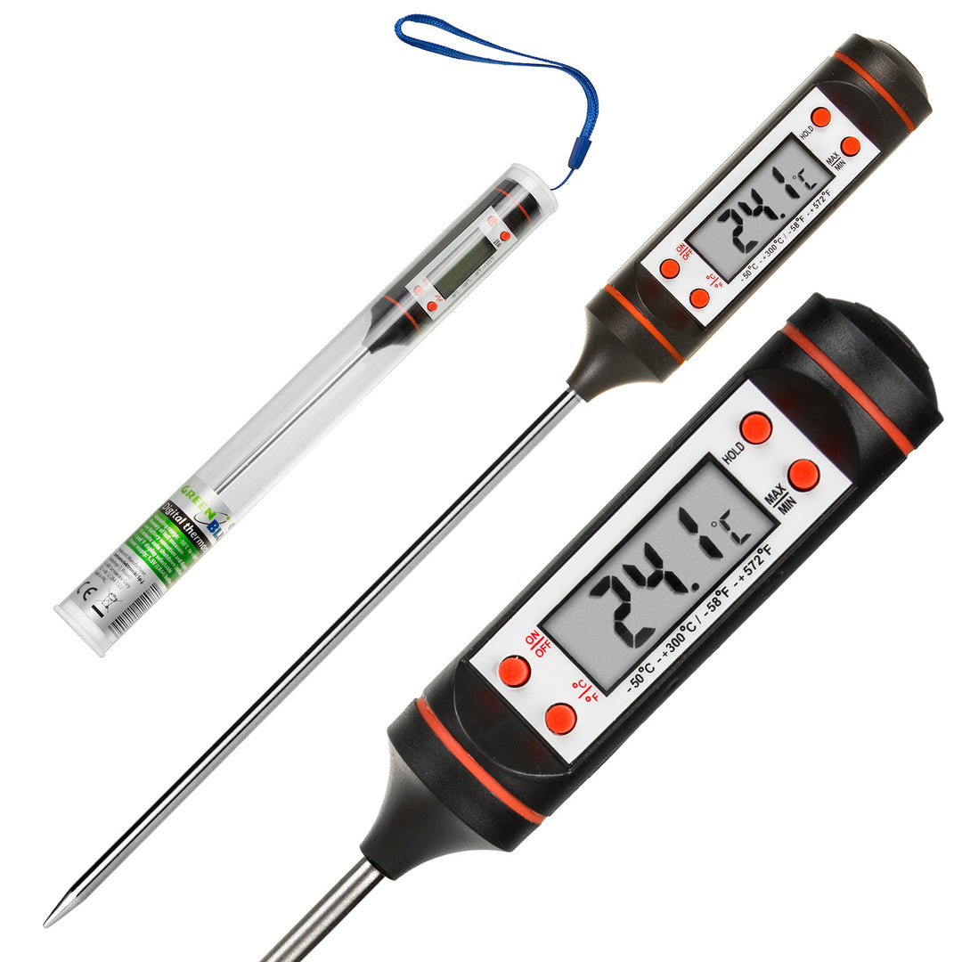 Potravinářský teploměr/sonda, zelenomodrý, délka sondy 15 cm, teplotní rozsah -50 °C až +300 °C, přesnost 0,1 °C, GB178, 3 ks.