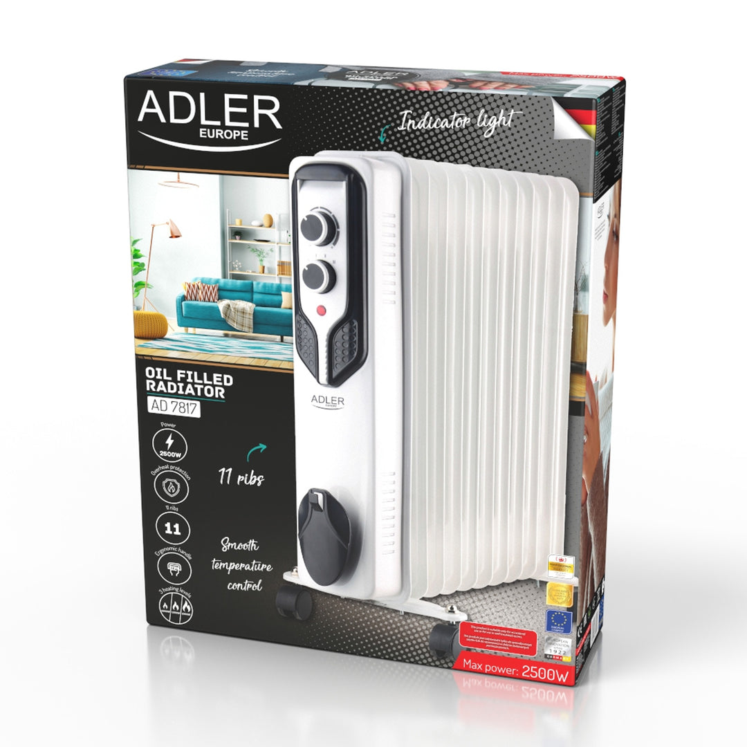 Olejové topení Adler, 11 žeber, výkon 2500 W, 3 stupně ohřevu, bílé, AD 7817
