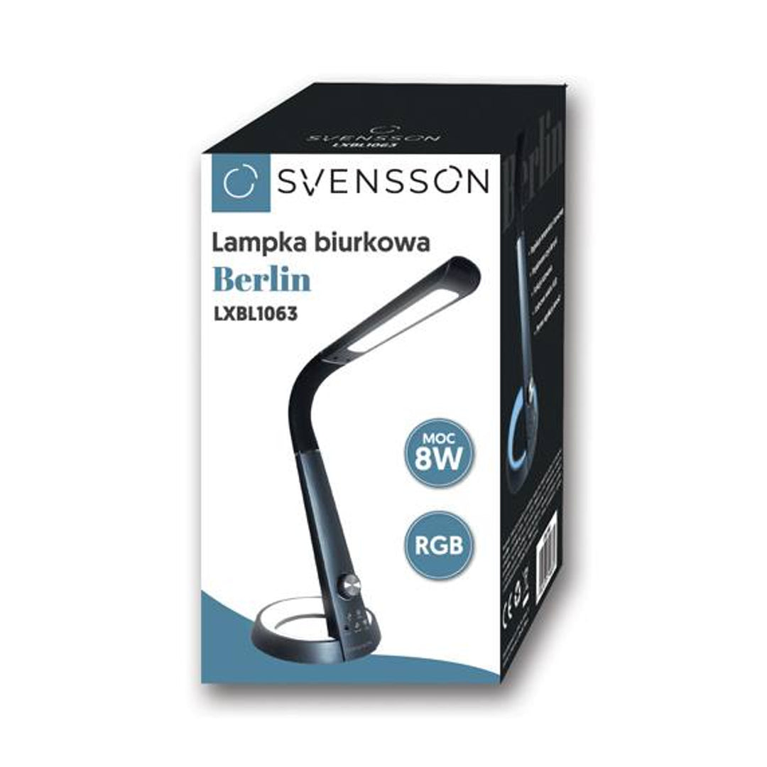 Kancelářská lampa Svensson, 450 lumenů, výkon 8 W, tři teploty světla, funkce nabíjení mobilních zařízení, RGB základna, LXBL1063