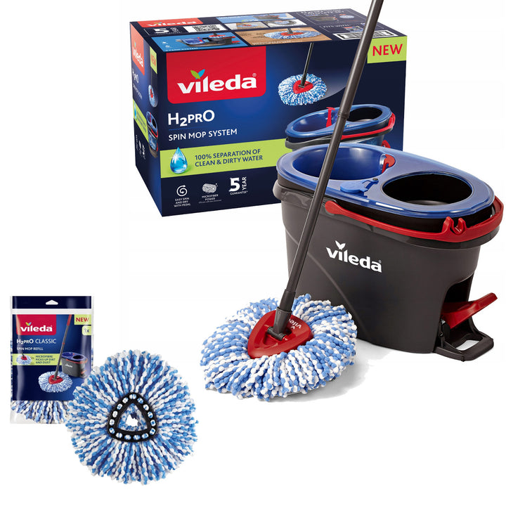 Rotační mop Vileda, dvoukomorový, odstředivý systém, skládací tyč, snadné čištění rohů, turbo H2prO + náhradní náplň