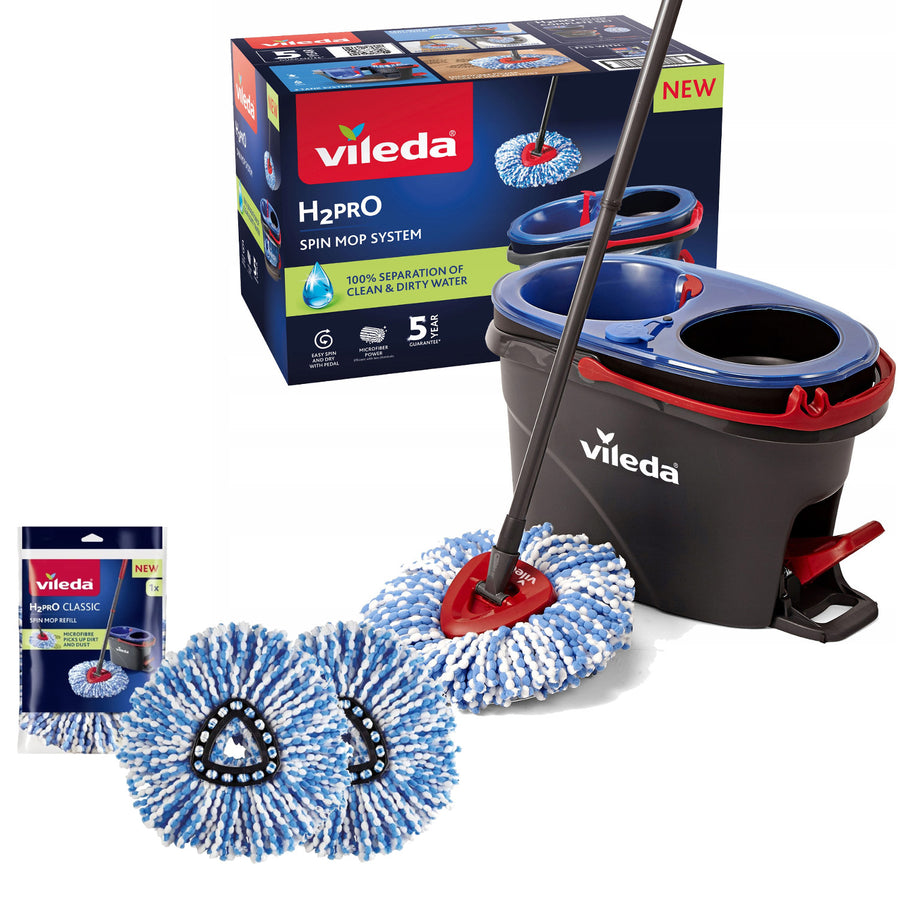 Rotační mop Vileda, dvoukomorový, odstředivý systém, skládací tyč, snadné čištění rohů, turbo H2prO + 2 náhradní náplně