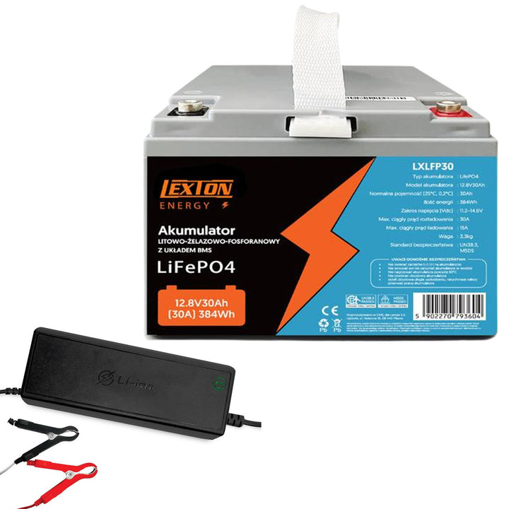 Baterie LiFePo4 Lexton lithium-železo-fosfátová, s BMS, 12,8 V, 30 Ah, LXLFP30 + nabíječka LTC Energy LiFePO4