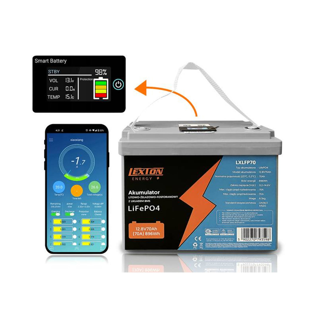 Baterie Lexton LiFePo4, lithium-železo-fosfátová, s BMS, 12,8 V, 70 Ah, LXLFP70 + usměrňovač LTC Energy LiFePO4 Battery