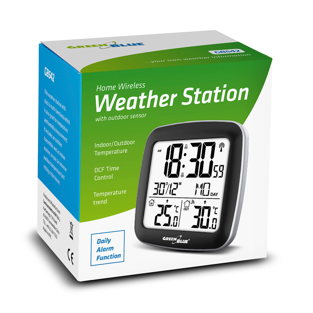 Bezdrátová meteorologická stanice GreenBlue, s DCF, kalendářem, budíkem, GB542 + 4x alkalická baterie Varta Industrial AAA