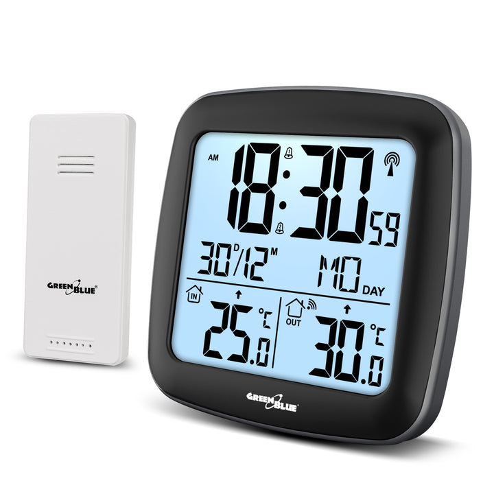Bezdrátová meteorologická stanice GreenBlue, s DCF, kalendářem, budíkem, GB542 + 4x alkalická baterie Varta Industrial AAA