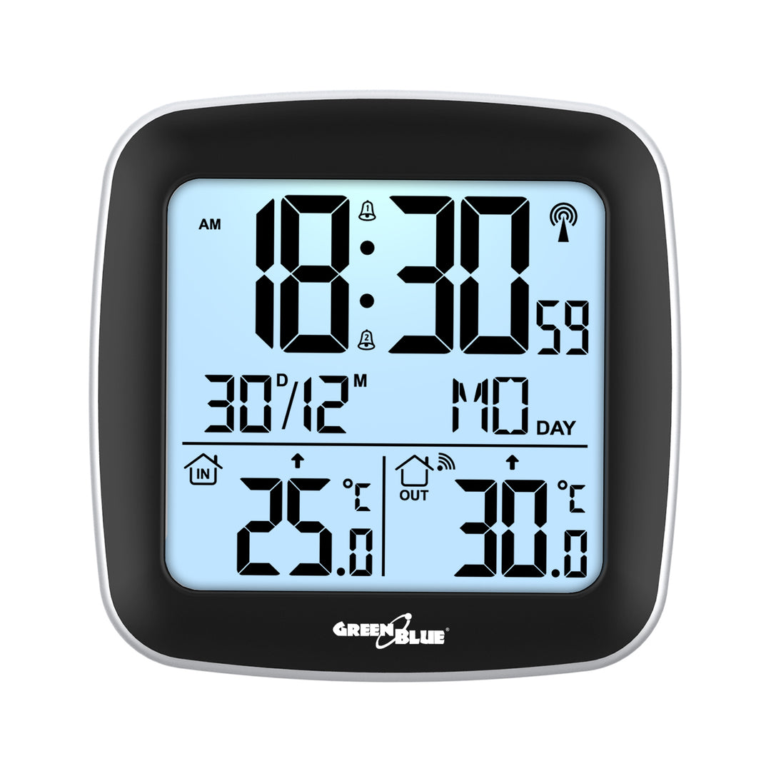 Bezdrátová meteorologická stanice GreenBlue, s DCF, kalendářem, budíkem, GB542 + 4x alkalická baterie Varta Industrial AAA