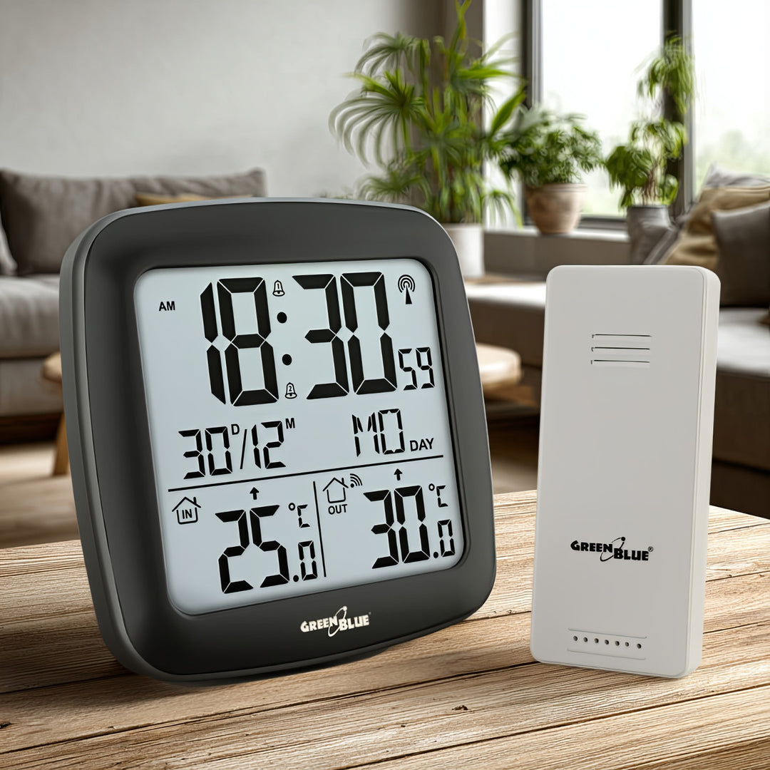 Bezdrátová meteorologická stanice GreenBlue, s DCF, kalendářem, budíkem, GB542 + 4x alkalická baterie Varta Industrial AAA
