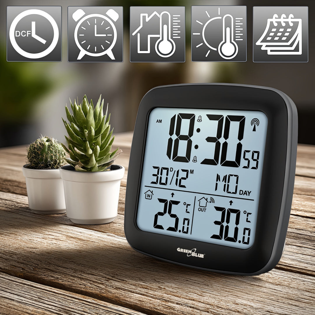Bezdrátová meteorologická stanice GreenBlue, s DCF, kalendářem, budíkem, GB542 + 4x alkalická baterie Varta Industrial AAA