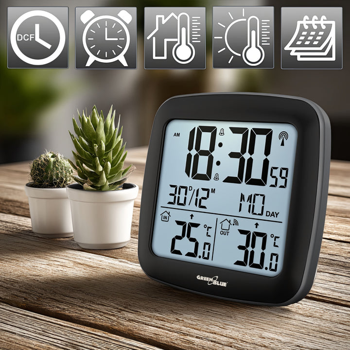 Bezdrátová meteorologická stanice GreenBlue, s DCF, kalendářem, budíkem, GB542 + 4x alkalická baterie Varta Industrial AAA