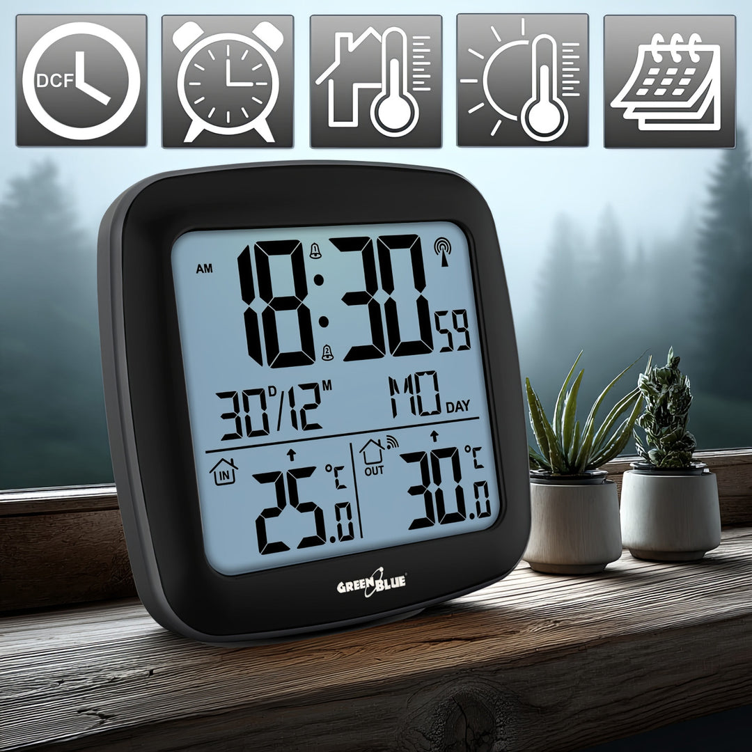 Bezdrátová meteorologická stanice GreenBlue, s DCF, kalendářem, budíkem, GB542 + 4x alkalická baterie Varta Industrial AAA