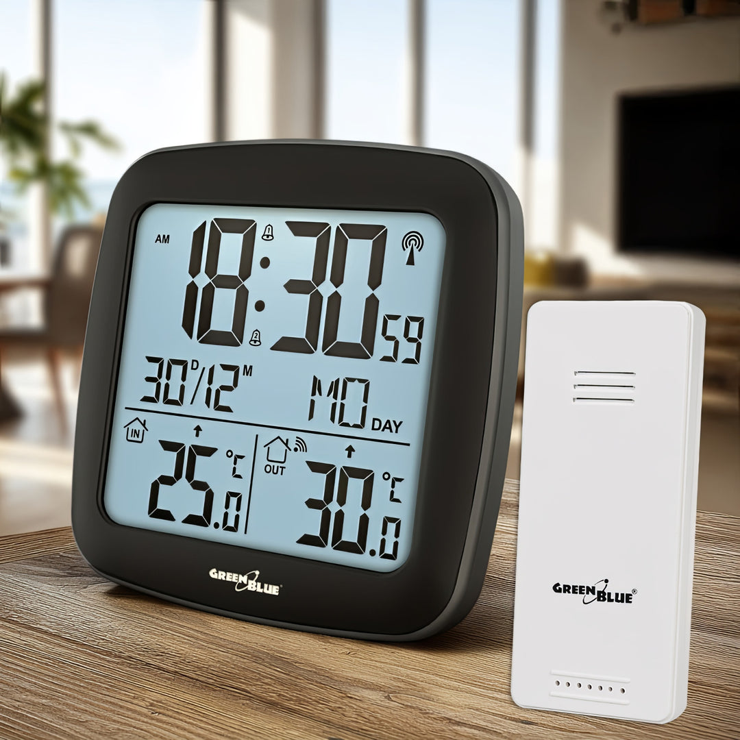 Bezdrátová meteorologická stanice GreenBlue, s DCF, kalendářem, budíkem, GB542 + 4x alkalická baterie Varta Industrial AAA