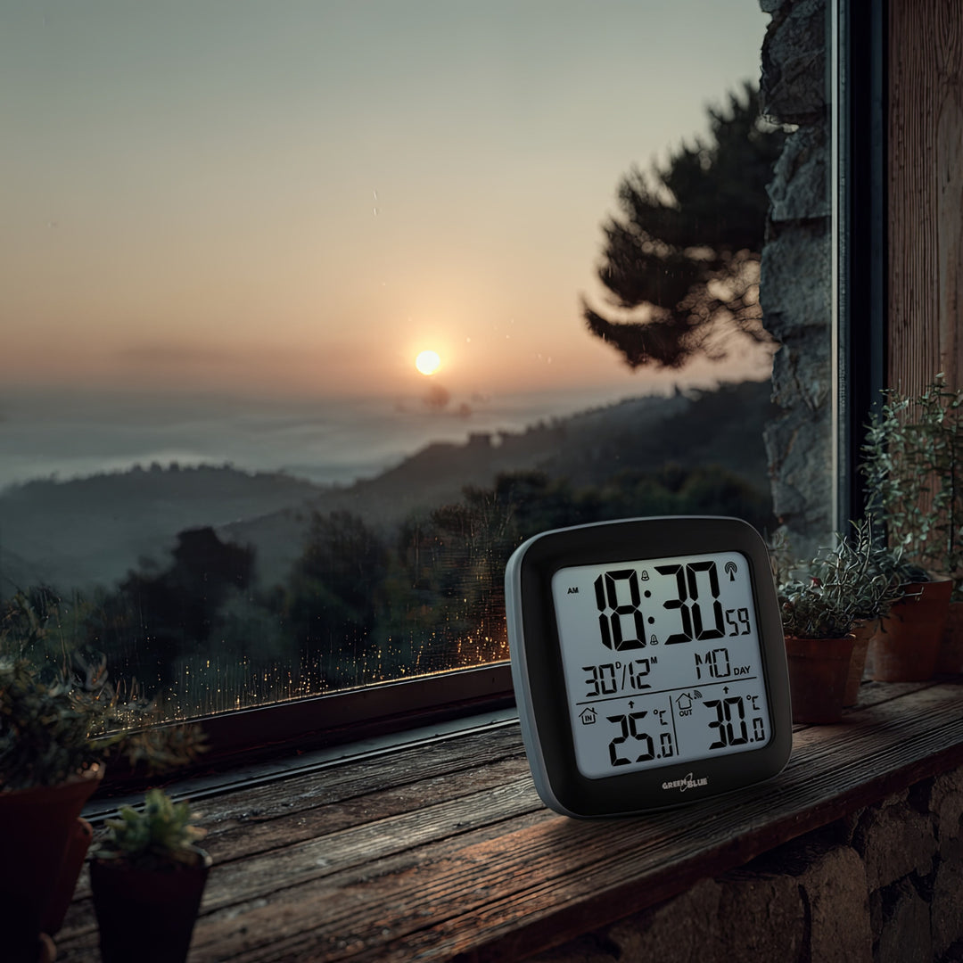 Bezdrátová meteorologická stanice GreenBlue, s DCF, kalendářem, budíkem, GB542 + 4x alkalická baterie Varta Industrial AAA