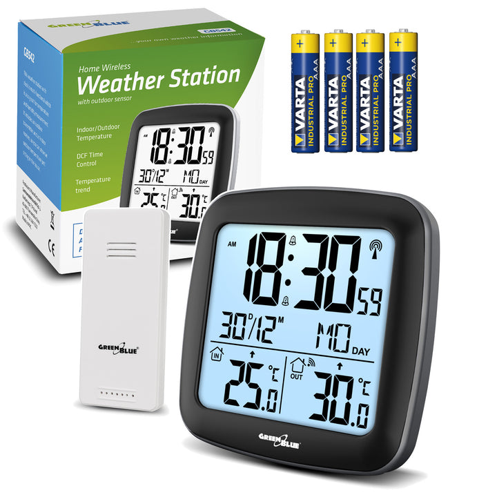 Bezdrátová meteorologická stanice GreenBlue, s DCF, kalendářem, budíkem, GB542 + 4x alkalická baterie Varta Industrial AAA