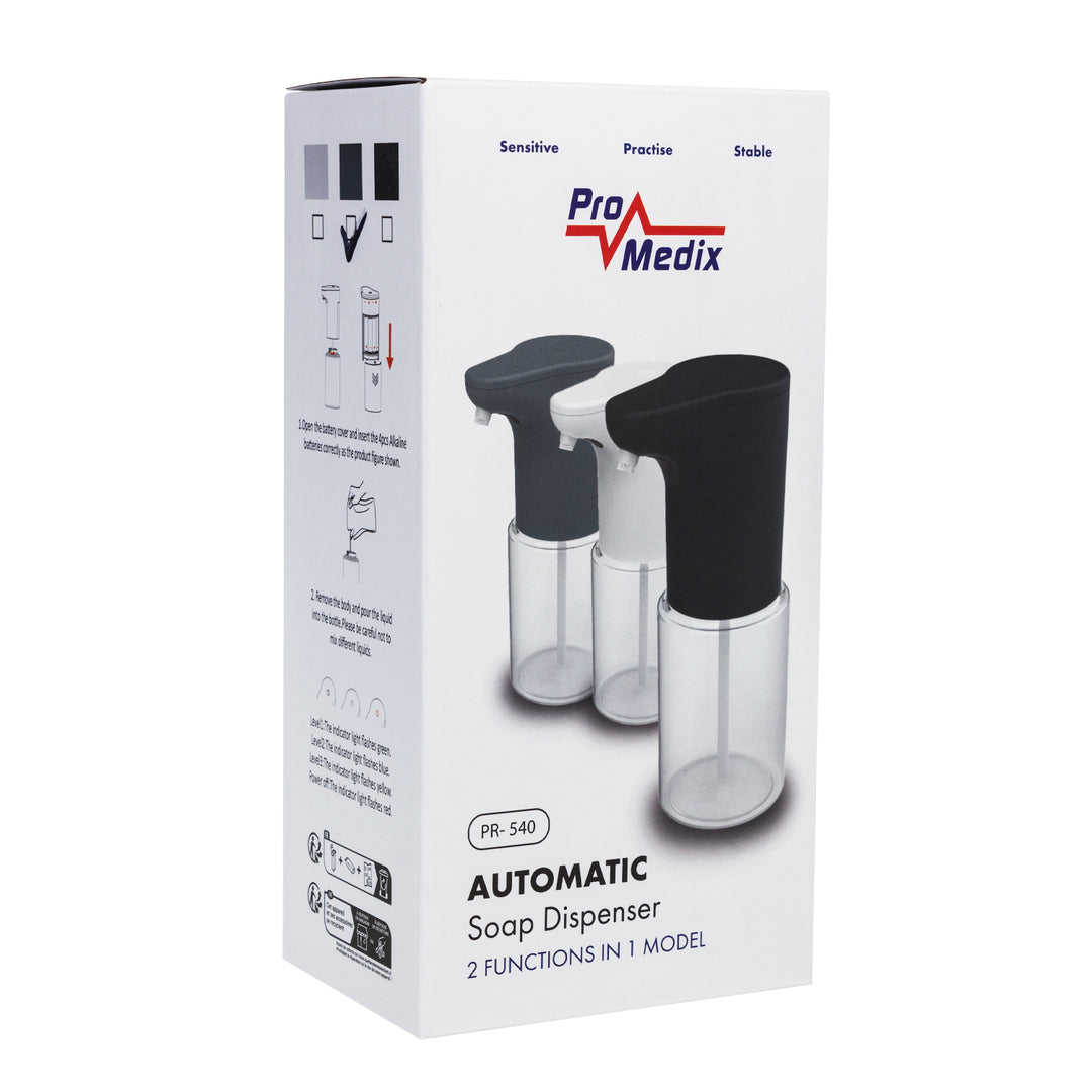Automatický dávkovač Promedix, zásobník na tekutá mýdla, dezinfekční prostředky, 300 ml, šedý, PR-540 GR + 4 baterie Varta Industrial AA