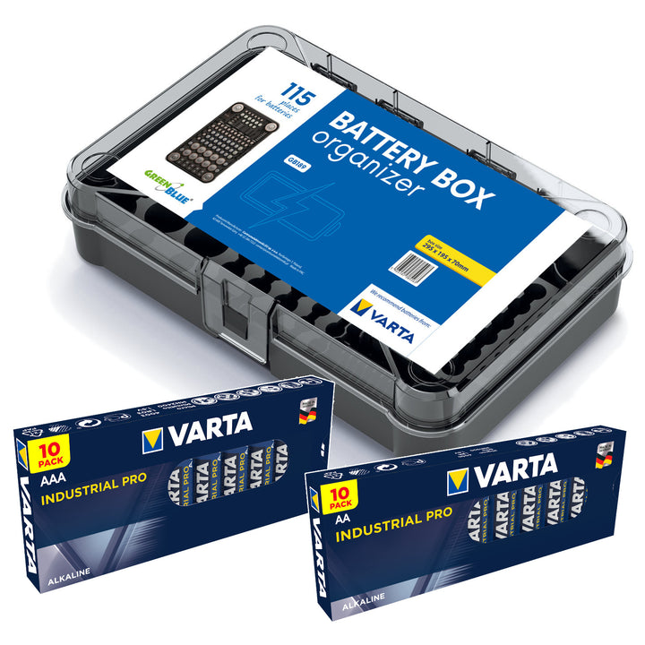 Organizér na baterie GreenBlue Varta Box GB189 + 10x baterie AA a 10x baterie AAA Varta Industrial