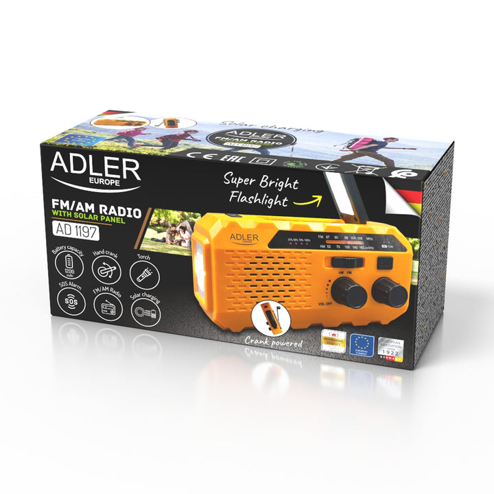 Solární rádio Adler, dobíjecí baterie 1200 mAh, svítilna, ruční klika, AD 1197