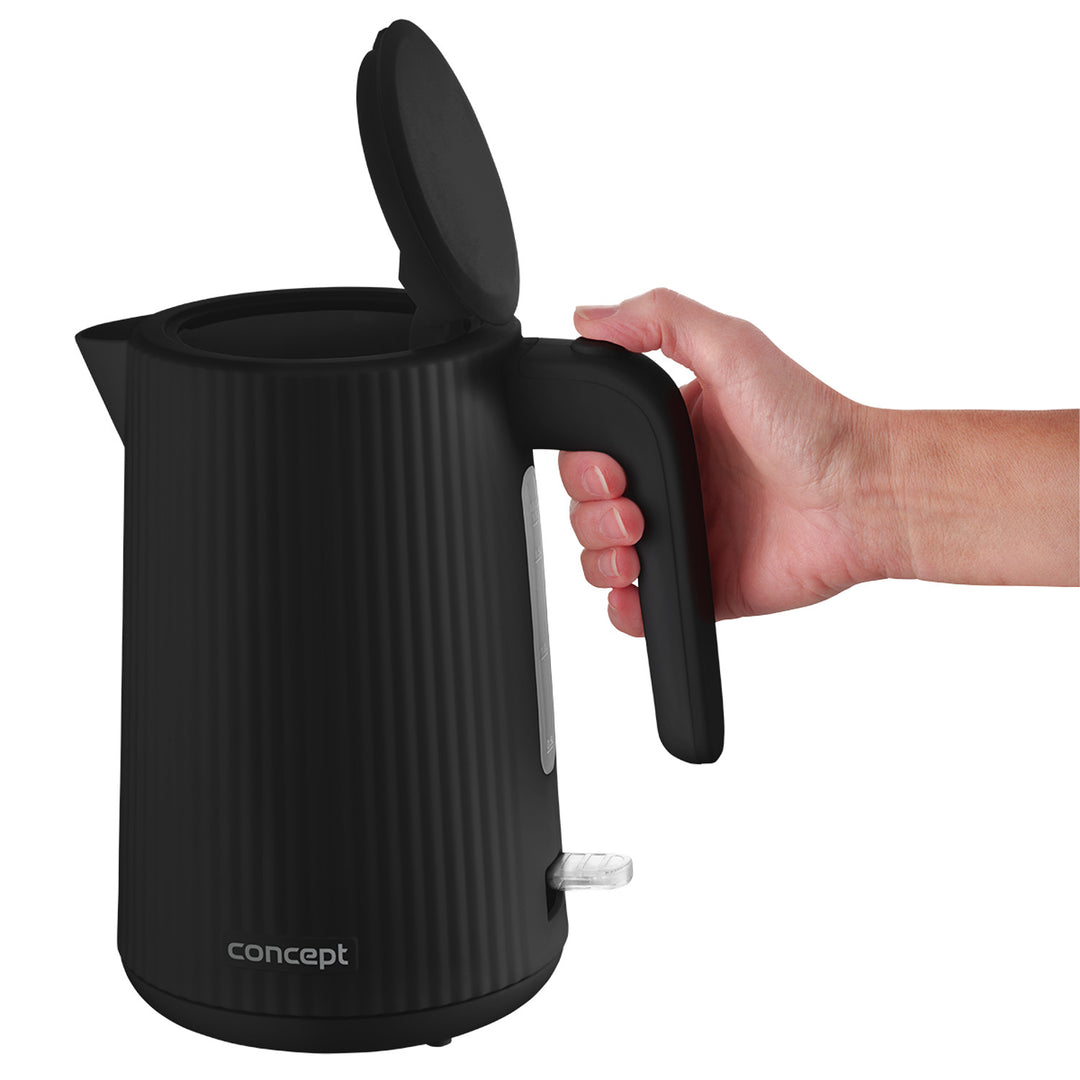 Plastová rychlovarná konvice Concept, 1,7 l, drážkovaný design, trojitý bezpečnostní systém, filtr proti usazeninám, ukazatel hladiny vody, černá, RK2391
