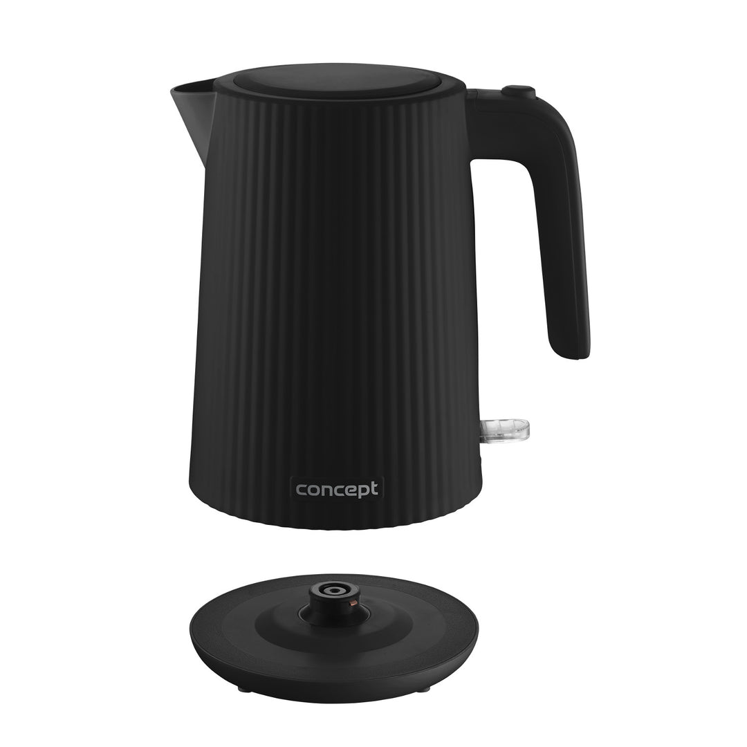 Plastová rychlovarná konvice Concept, 1,7 l, drážkovaný design, trojitý bezpečnostní systém, filtr proti usazeninám, ukazatel hladiny vody, černá, RK2391