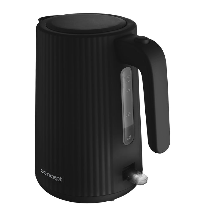 Plastová rychlovarná konvice Concept, 1,7 l, drážkovaný design, trojitý bezpečnostní systém, filtr proti usazeninám, ukazatel hladiny vody, černá, RK2391