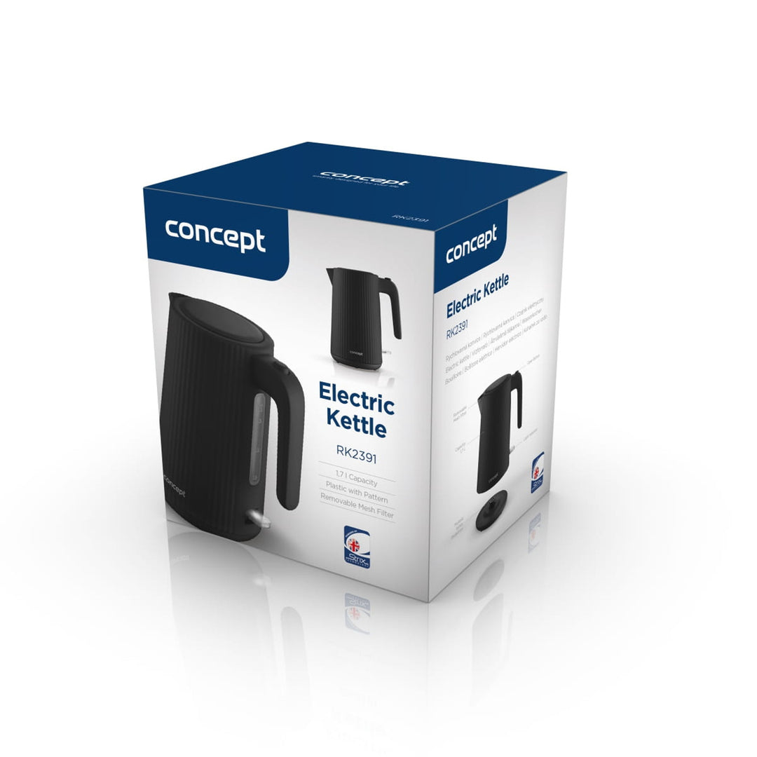 Plastová rychlovarná konvice Concept, 1,7 l, drážkovaný design, trojitý bezpečnostní systém, filtr proti usazeninám, ukazatel hladiny vody, černá, RK2391