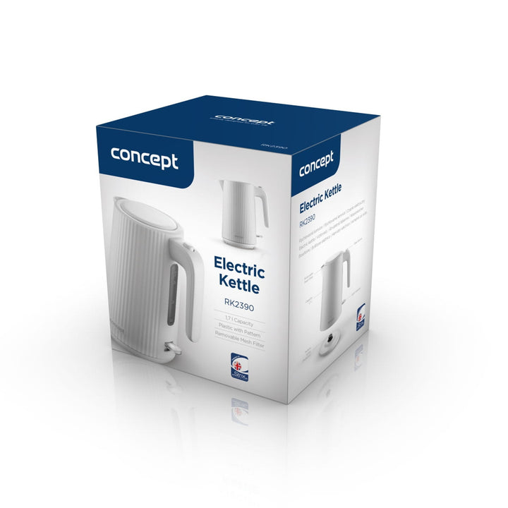 Plastová rychlovarná konvice Concept, 1,7 l, drážkovaný design, trojitý bezpečnostní systém, filtr proti usazeninám, ukazatel hladiny vody, bílá, RK2390