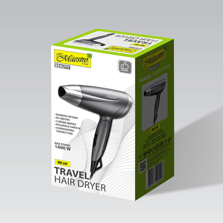 Fén na vlasy Maestro, příkon 1400 W, sklopná rukojeť, 2 rychlosti proudění vzduchu, koncentrátor, MR-207