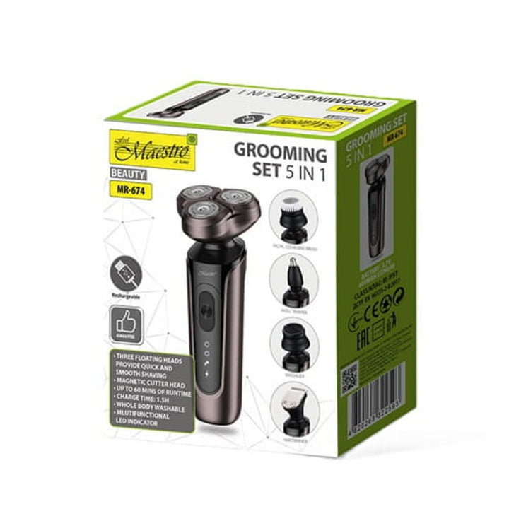Holicí sada Maestro 5 v 1, holicí strojek, zastřihovač nosu, kartáček na čištění obličeje, masážní hrot, zastřihovač chloupků, vodotěsné pouzdro, doba provozu až 60 min, MR-674