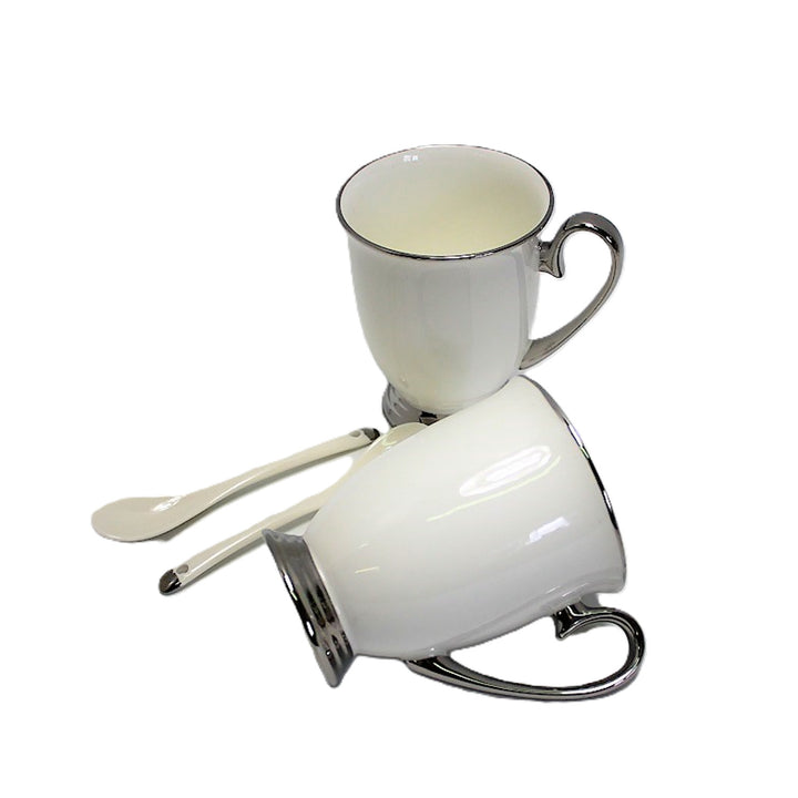 Bílé hrnky 2ks Chromované rukojeti, lžičky, porcelán, Elegant, Queen Isabel