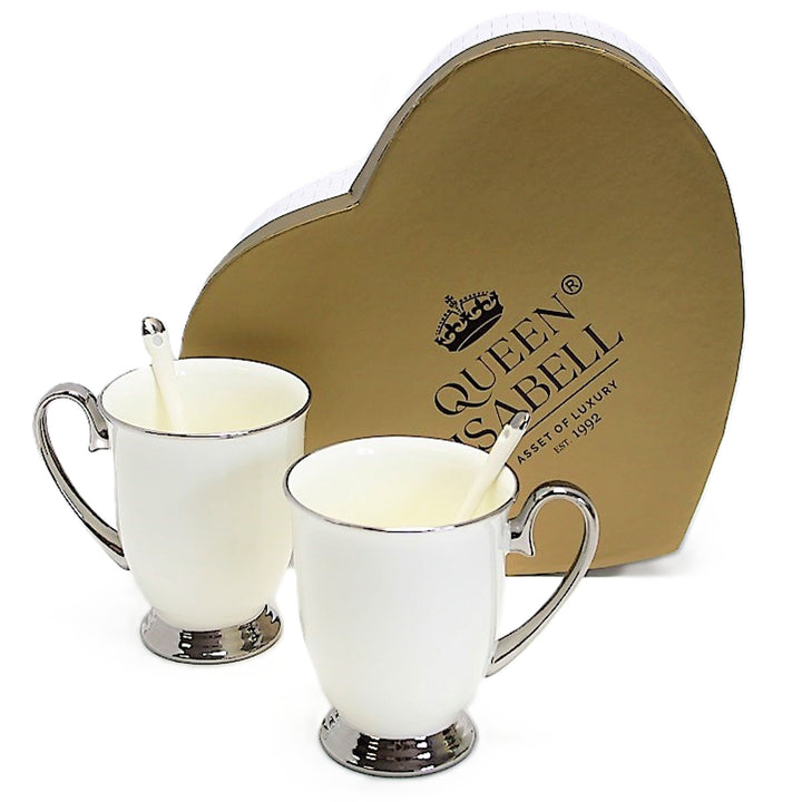 Bílé hrnky 2ks Chromované rukojeti, lžičky, porcelán, Elegant, Queen Isabel